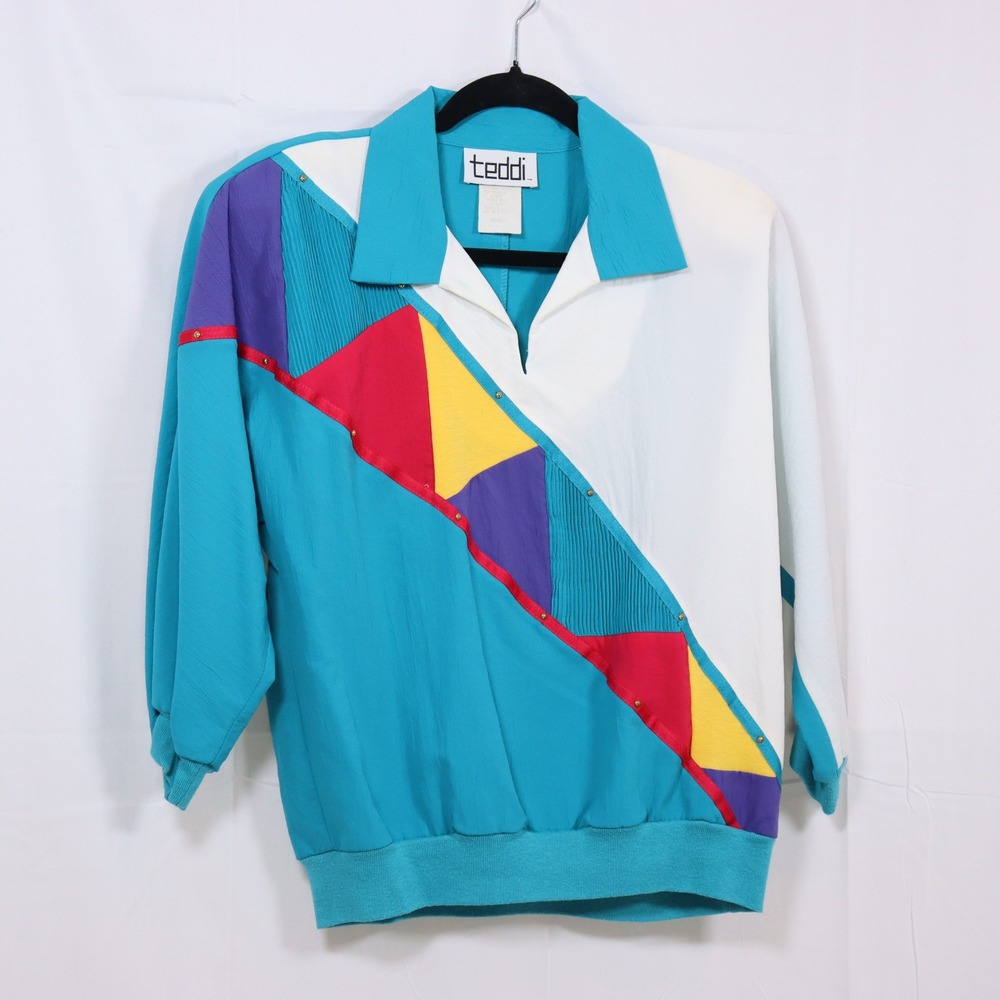 Teddi Colorblock Blouse Small Teal Womens Vintage 80s Geometric Top